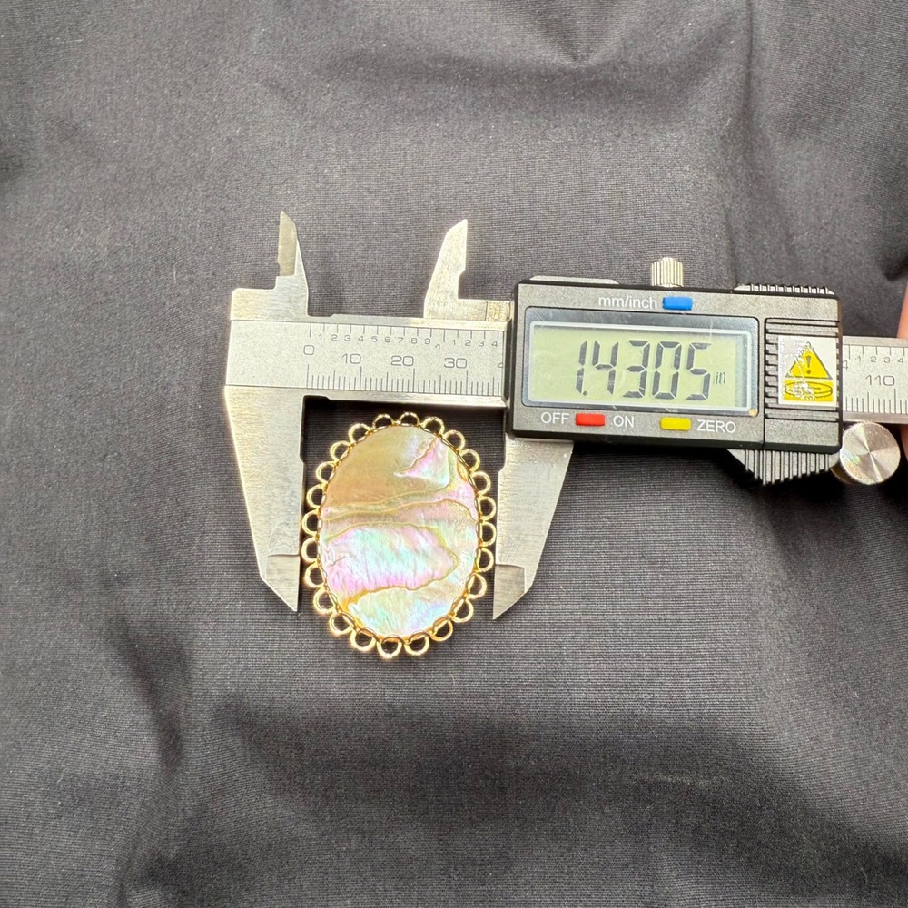 Vintage Gold Tone Oval Mother of Pearl Shell Wire Loop Border Brooch Pin 80s - Picture 8 of 9